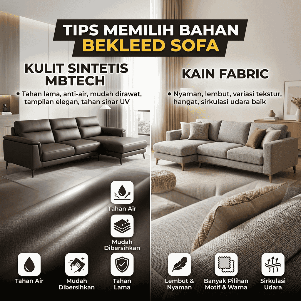 Tips Memilih Bahan Bekleed Sofa: Keunggulan Kulit Sintetis MBtech vs Kain Fabric