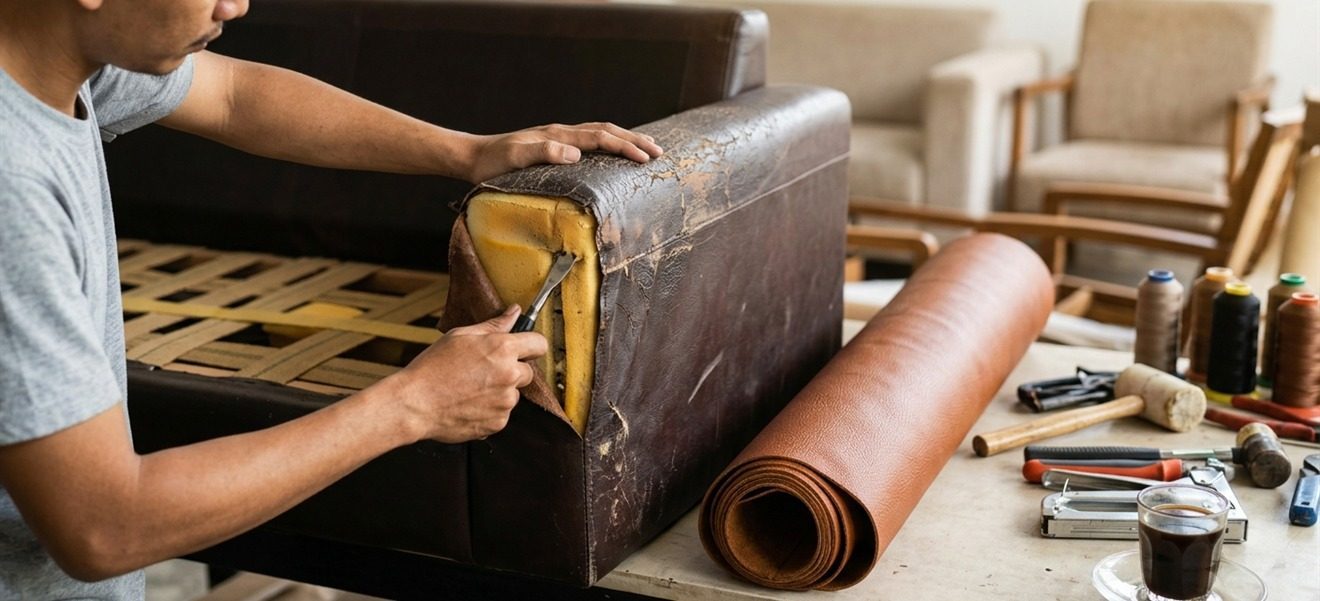 Sebelum Bekleed - Pembongkaran Kulit Lama dan Perbaikan Rangka Busa